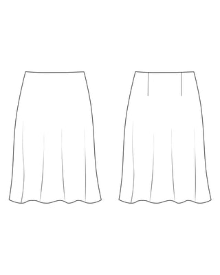 Line drawing of a skirt from two angles on a white background. This skirt is the Astell Bias Skirt sewing pattern from Cashmerette.