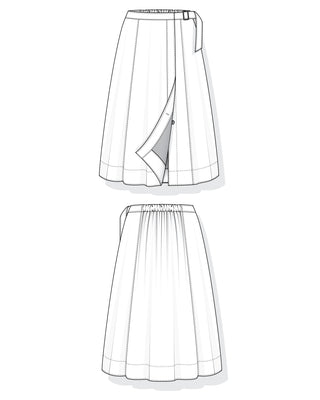 Technical drawing of a skirt with front and side views on a white background. This is the Osgood Skirt sewing pattern from Cashmerette.