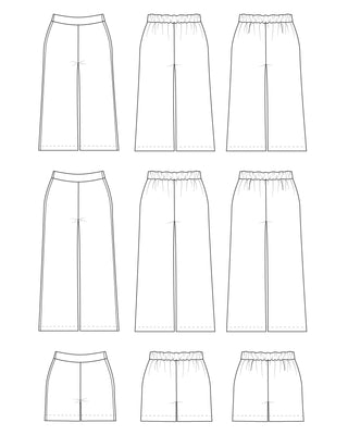 Line drawings of various styles of pants on a white background. These pants are the Calder Pants & Shorts sewing pattern from Cashmerette.