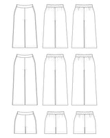 Line drawings of various styles of pants on a white background. These pants are the Calder Pants & Shorts sewing pattern from Cashmerette.