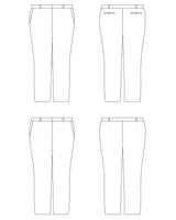 Technical drawing of a pair of pants from multiple angles on a white background. These pants are the Meriam Trousers sewing pattern from Cashmerette.