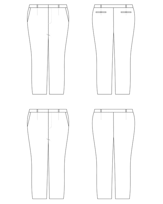 Technical drawing of a pair of pants from multiple angles on a white background. These pants are the Meriam Trousers sewing pattern from Cashmerette.