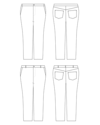 Technical drawing of a pair of pants from multiple angles on a white background. These jeans are the Creston Jeans sewing pattern from Cashmerette.