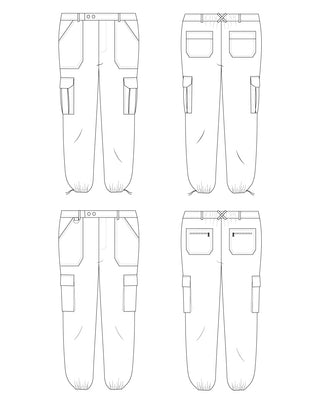Technical drawing of a pair of pants from multiple angles on a white background. These pants are the Esmond Cargo Pants sewing pattern from Cashmerette.