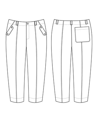 Technical drawing of a pair of pants with front and side views on a white background. These pants are the Vinton Pants sewing pattern from Cashmerette.