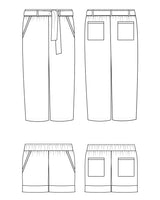 Line drawing of a pair of pants with a belt and front pockets on a white background. These pants are the Everett Pants & Shorts sewing pattern from Cashmerette.