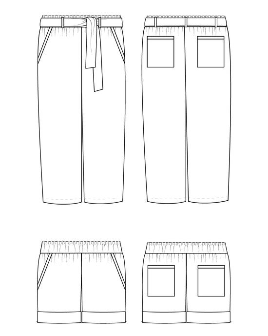 Line drawing of a pair of pants with a belt and front pockets on a white backgroundThese pants are the Everett Pants & Shorts sewing pattern from Cashmerette.