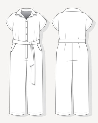Line drawing of a white jumpsuit with a belt on a light gray background. This is the Roslindale Jumpsuit sewing pattern from Cashmerette.