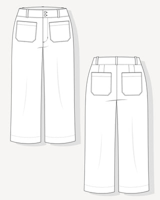 A technical line drawing showing the front and back view of jeans. The illustration is white with thin black outlines on a light gray background. This is the Exeter Jeans sewing pattern from Cashmerette.