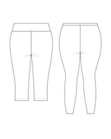 Technical drawing of a pair of pants on a white background. These leggings are the Belmont Leggings and Yoga Pants sewing pattern from Cashmerette.