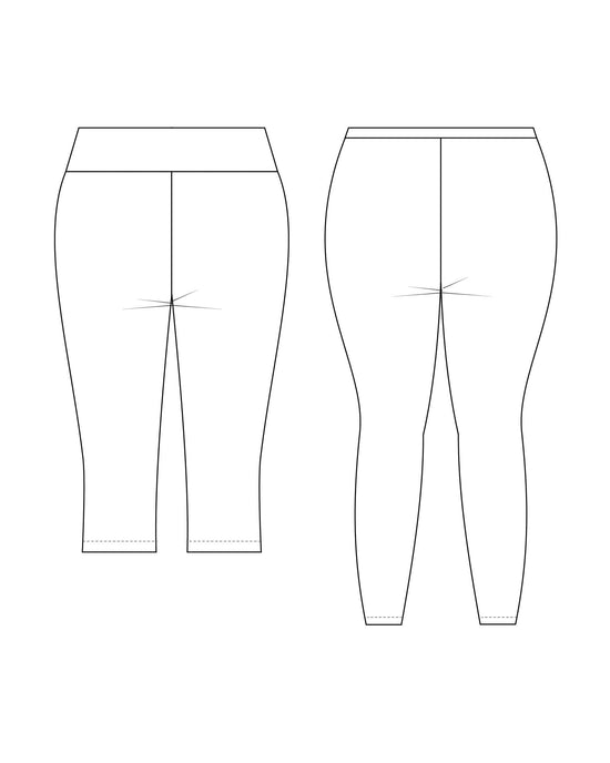 Technical drawing of a pair of pants on a white background. These leggings are the Belmont Leggings and Yoga Pants sewing pattern from Cashmerette.