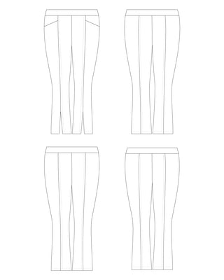 Line drawing of a pants pattern on a white background. These pants are the Ashwood Pants sewing pattern from Cashmerette.