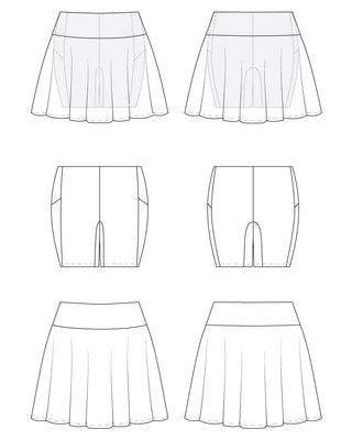 Line drawings of various skirt designs on a white background. This skirt is the Wickham Skort sewing pattern from Cashmerette.