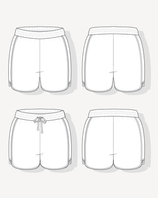 Set of line drawings of shorts from different angles on a light gray background. This is the Rowley Shorts sewing pattern from Cashmerette.