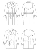 Line drawing of a trench coat from multiple angles on a white background. This coat is the Chilton Trench Coat sewing pattern from Cashmerette.