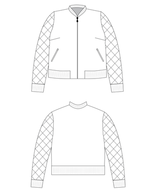 Technical drawing of a bomber jacket on a white background. This jacket is the Cashmerette Club Kimball Bomber Jacket sewing pattern.