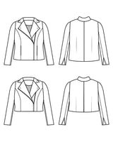Line drawing of a jacket from multiple angles on a white background. This biker jacket is the Canton Moto Jacket sewing pattern from Cashmerette.