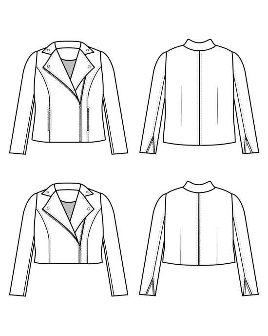 Line drawing of a jacket from multiple angles on a white background. This biker jacket is the Canton Moto Jacket sewing pattern from Cashmerette.