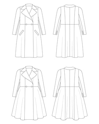 Line drawing of a coat from multiple angles on a white background. This coat is the Savin Coat sewing pattern from Cashmerette.
