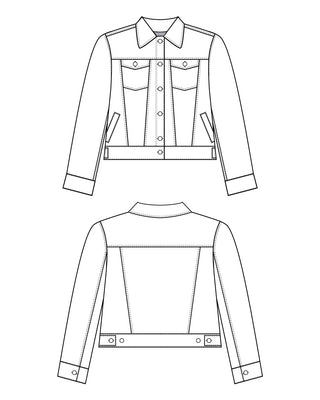 Technical drawing of a denim jacket with front and back views on a white background. This jacket is the Glover Jean Jacket sewing pattern from Cashmerette.