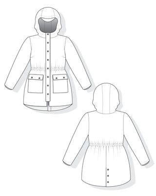 Technical drawing of a hooded rain jacket with front and back views on a white background. This is the Marston Raincoat sewing pattern from Cashmerette.