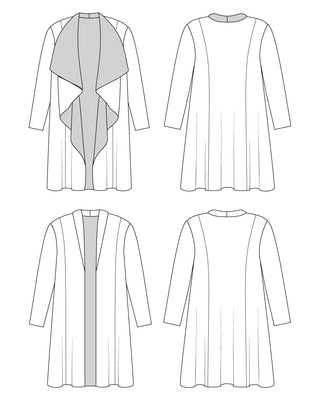 Line drawing of a long, flowing  waterfall cardigan with a draped front panel on a white background This cardigan is the Westmore Cardigan sewing pattern from Cashmerette.