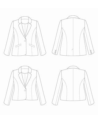 Line drawing of a blazer from multiple angles on a white background. This blazer is the Auburn Blazer sewing pattern from Cashmerette.