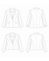 Line drawing of a blazer from multiple angles on a white background. This blazer is the Auburn Blazer sewing pattern from Cashmerette.