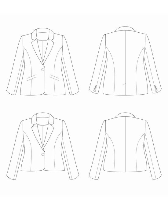 Line drawing of a blazer from multiple angles on a white background. This blazer is the Auburn Blazer sewing pattern from Cashmerette.