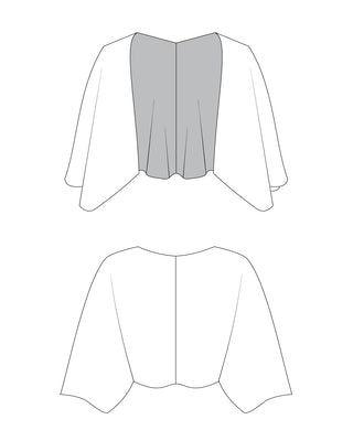 Line drawing of a shrug with a front and back view on a white background. The topper is the Caroll Shrug sewing pattern from Cashmerette.