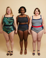 Three women wearing swimsuits on a beige background. This swimsuit is the Ipswich Swimsuit sewing pattern from Cashmerette.