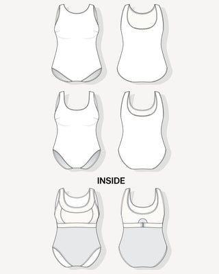 Black and white line drawings of swimsuits on a light gray background. This is the Truro Swimsuit sewing pattern from Cashmerette.