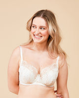 Woman wearing a white lace bra against a beige background. This bra is the Willowdale Bra sewing pattern from Cashmerette.
