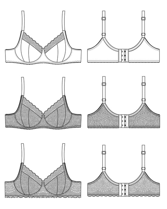Technical drawings of various types of bras on a white background. This bra is the Willowdale Bra sewing pattern from Cashmerette.