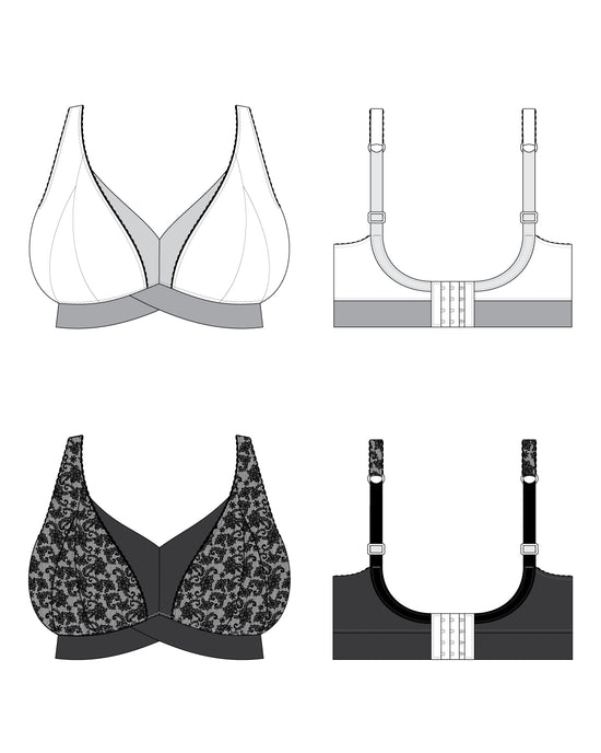 Illustrations of various bras from different angles on a white background. This bralette is the Loftus Bralette sewing pattern from Cashmerette.