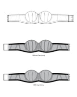 Technical drawing of a bra with and without cup lining on a white background. This bra is the Symmes Strapless Bra sewing pattern from Cashmerette.