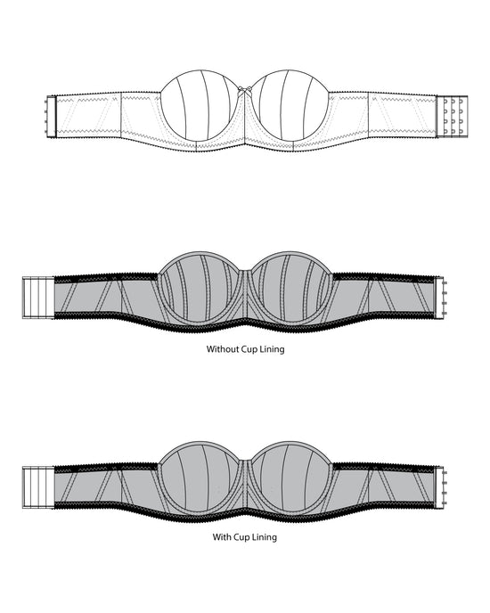 Technical drawing of a bra with and without cup lining on a white background. This bra is the Symmes Strapless Bra sewing pattern from Cashmerette.