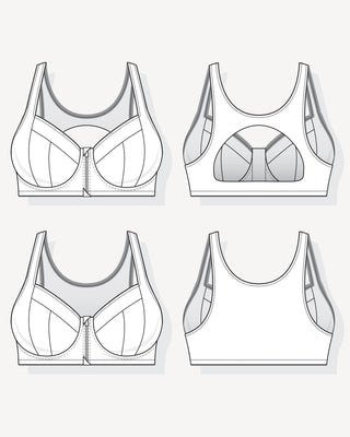 Technical drawings of a sports bra from multiple angles on a white background. This is the Somerville Sports Bra sewing pattern from Cashmerette.