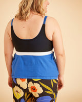 Inside view of a blue camisole with a built-in bra. This is the Fiske Sleepwear Set sewing pattern from Cashmerette.