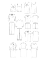 Set of black line drawings of various clothing items on a white background. This is the Fiske Sleepwear Set sewing pattern from Cashmerette.