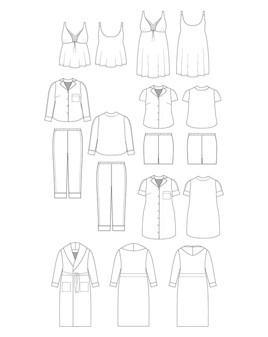 Set of black line drawings of various clothing items on a white background. This is the Fiske Sleepwear Set sewing pattern from Cashmerette.