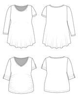 Line art of a women's top from multiple angles on a white background. This t-shirt is the Brookline Maternity T-Shirt sewing pattern from Cashmerette.