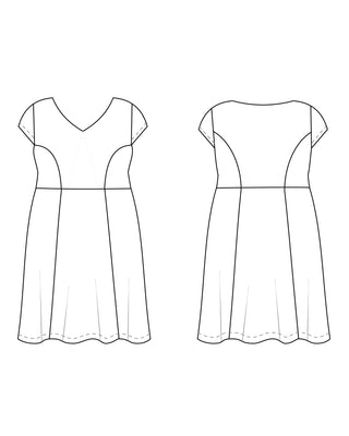 Line drawing of a dress from front and back views on a white background. This dress is the Foxhill Dress sewing pattern from "Ahead of the Curve" by Jenny Rushmore.