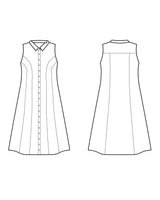 Line drawing of a sleeveless dress on a white background. This dress is the Harrison Shirtdress sewing pattern from Cashmerette.