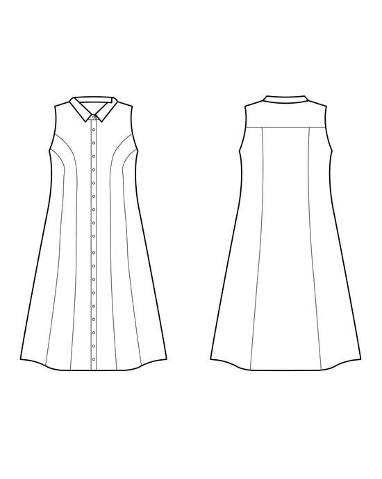 Line drawing of a sleeveless dress on a white background. This dress is the Harrison Shirtdress sewing pattern from Cashmerette.
