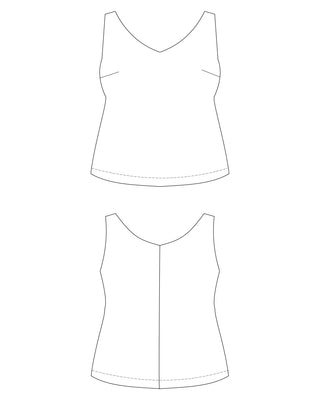 Line drawing of a tank top on a white background. This top is the Kersoe Top sewing pattern from "Ahead of the Curve" by Jenny Rushmore.