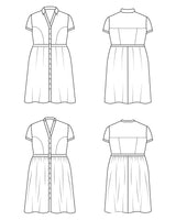 Line drawing of a dress from multiple angles on a white background. This dress is the Lenox Shirtdress sewing pattern from Cashmerette.