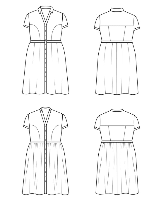 Line drawing of a dress from multiple angles on a white background. This dress is the Lenox Shirtdress sewing pattern from Cashmerette.