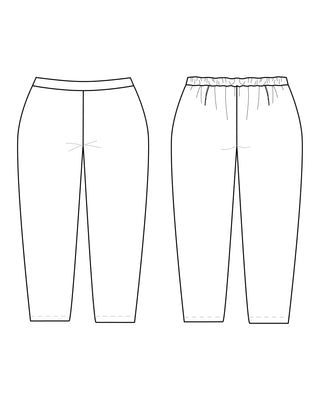 Line drawing of pants on a white background. These pants are made with the Magna Pants sewing pattern from "Ahead of the Curve" by Jenny Rushmore.