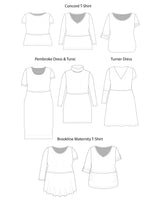 Set of line drawings of women's clothing including t-shirts and dresses on a white background.. This is the nursing expansion pack sewing pattern from Cashmerette.